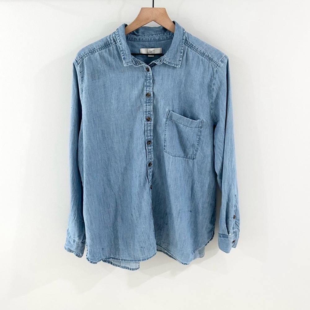 LOFT Light Blue Denim Button-Down Shirt - Picture 3 of 7